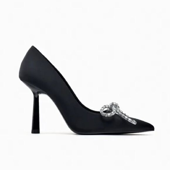 ZARA EMBELLISHED BOW HEELED SHOES BLACK - Picture 10 of 11